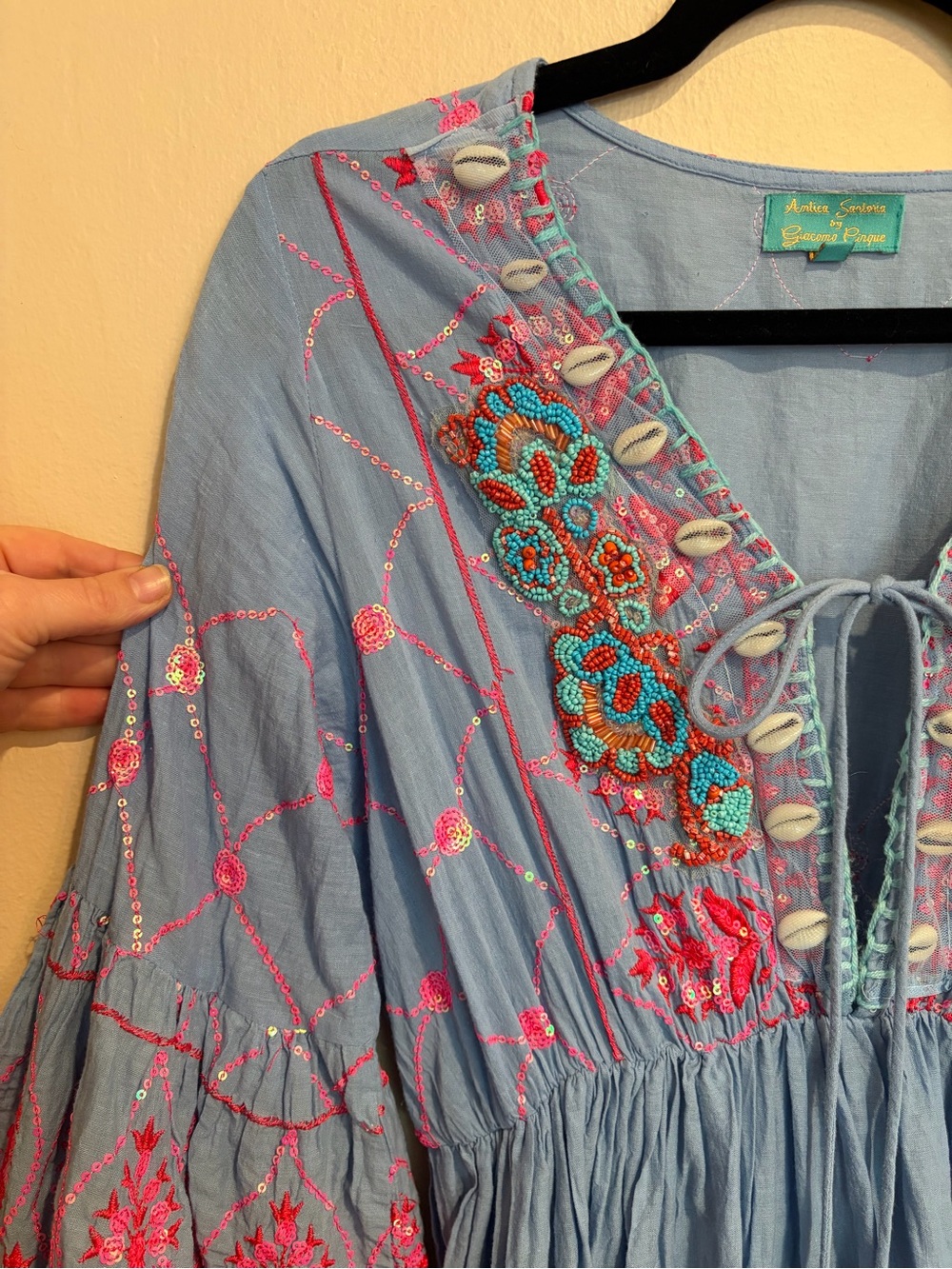 Beautiful Mid-Summer Ocean Blue Mini Dress, w/ Neon Pink Sequins and Seashells - Picture 8 of 11
